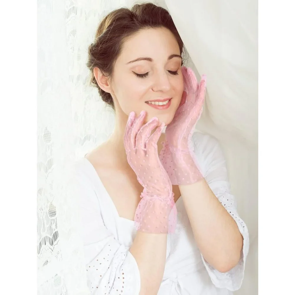Women's Evening Pink Elegant Polka Dot Mitten Lace Gloves Party Tea Accessories